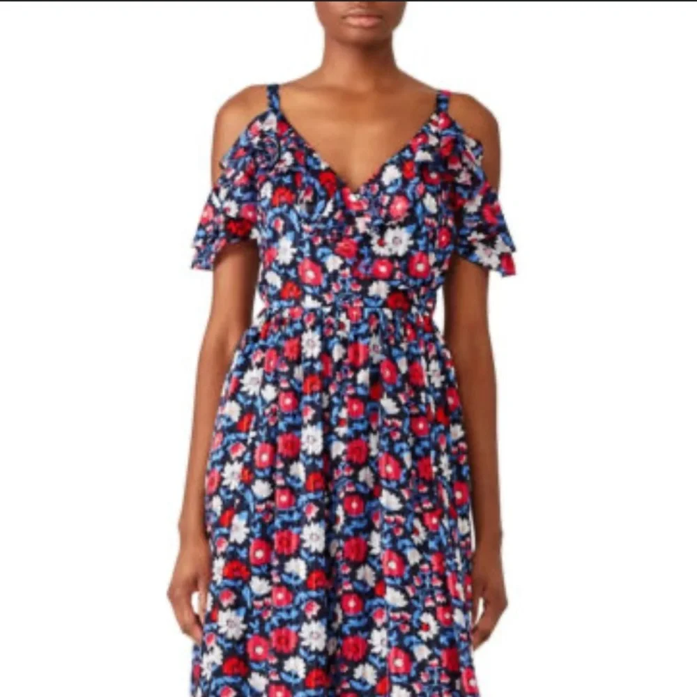 Kate Spade Cold Shoulder Navy Daisy Print Silk Midi Dress NWOT